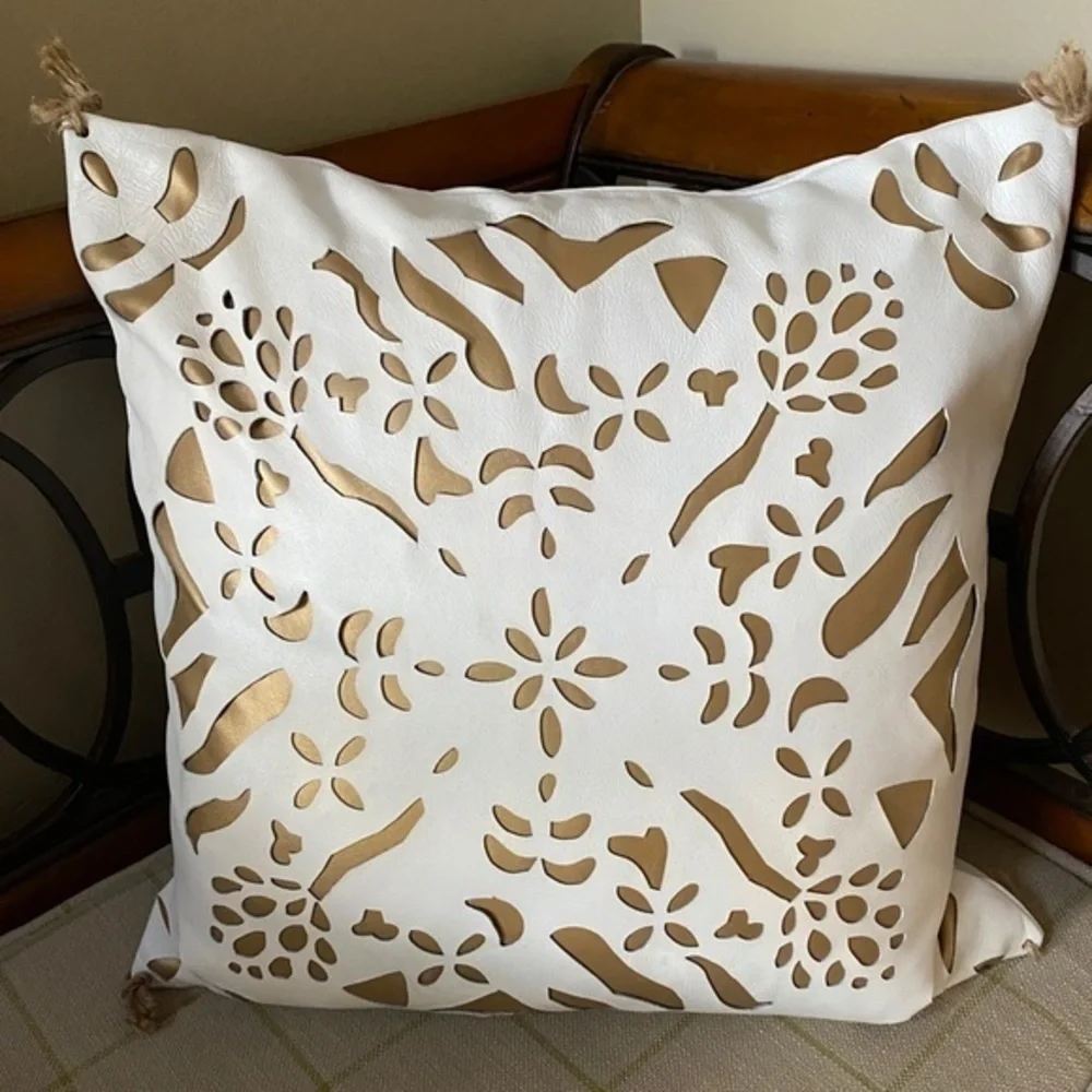 Anthropologie White Leather Gold Inlay Pillow